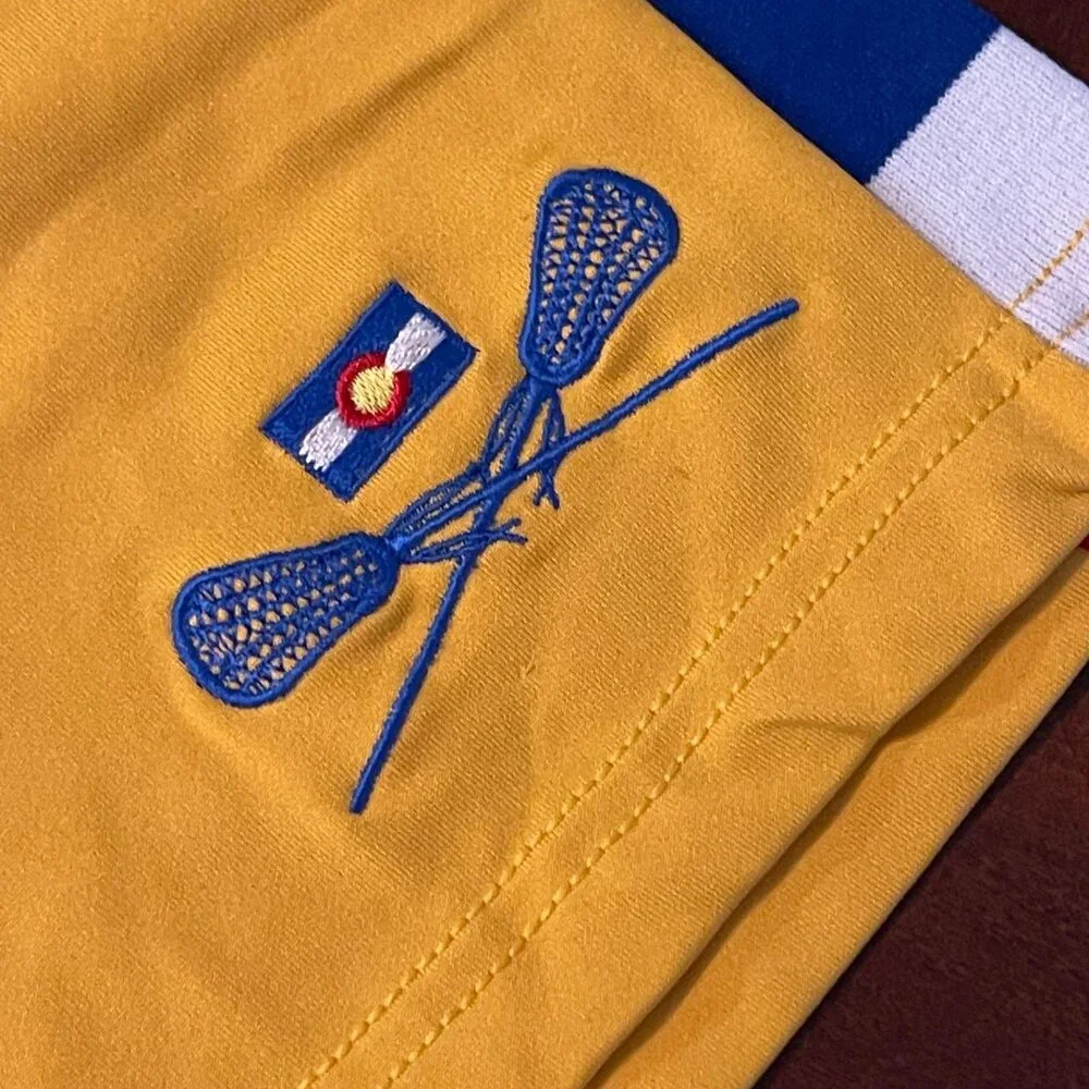 Fit 2 Win Lacrosse Shorts Yellow With Red/Blue Stripe Design & Elastic Waistband